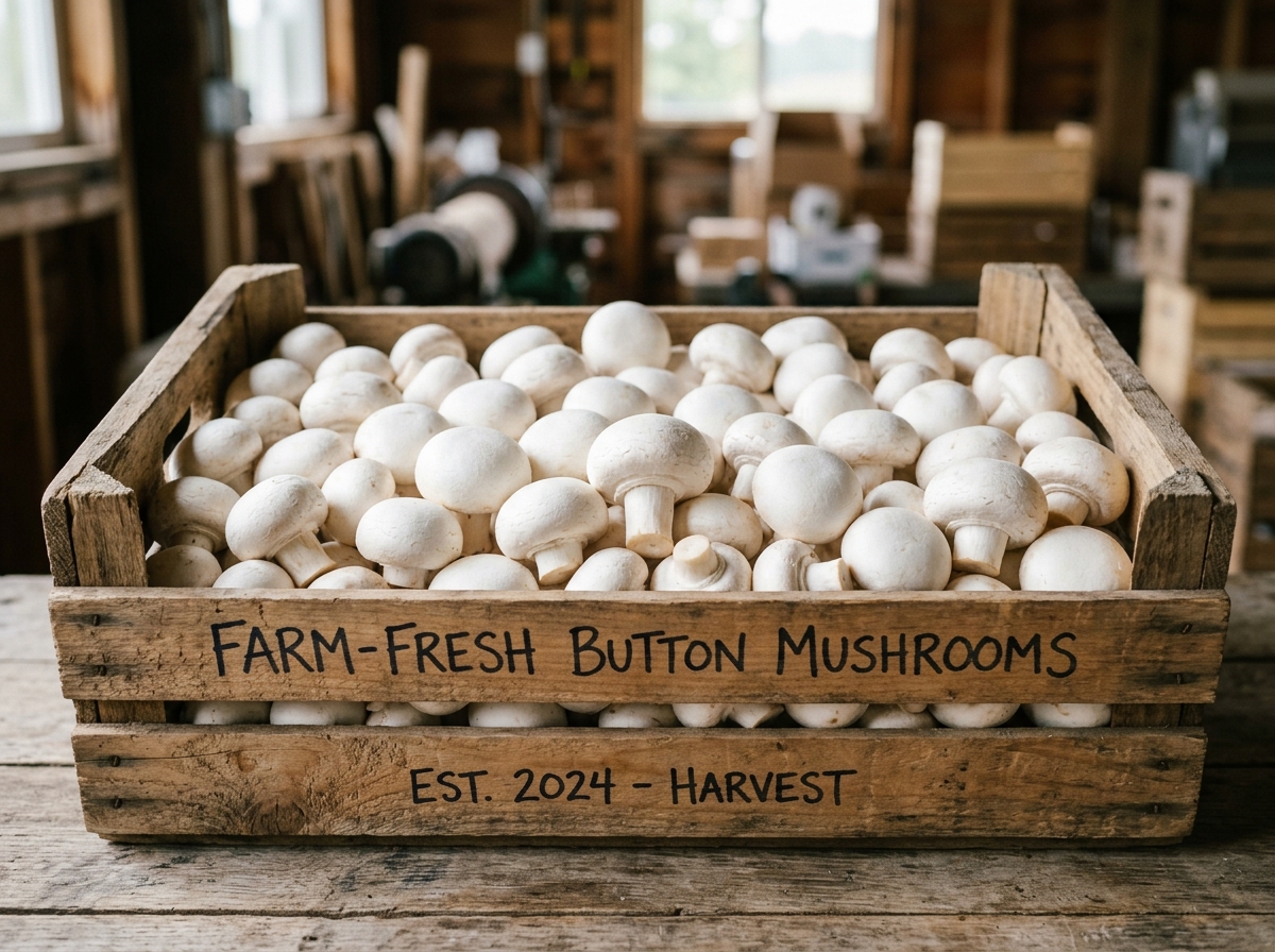 Harvested Button Mushrooms in crate